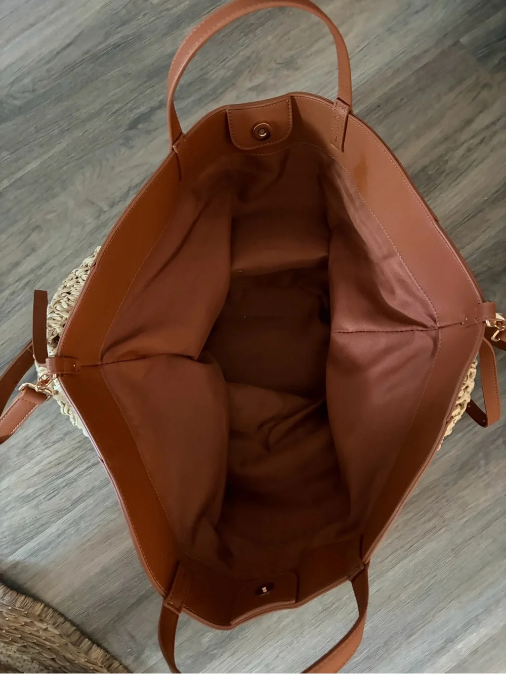 Anthropologie Beige raffia Woven & Brown Leather Tote